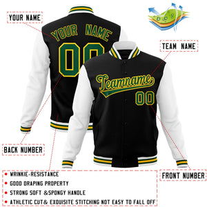 Veste Letterman Varsity Full-Snap à manches raglan personnalisées noir vert-or