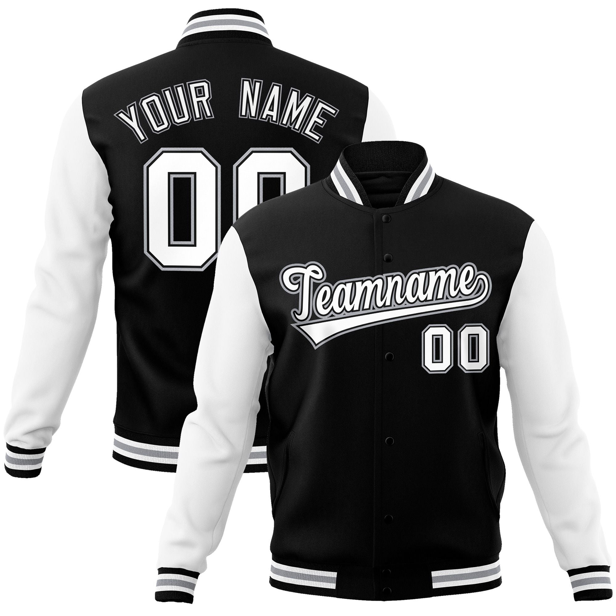 Custom Black White-Black Raglan Sleeves Varsity Full-Snap Letterman Jacket