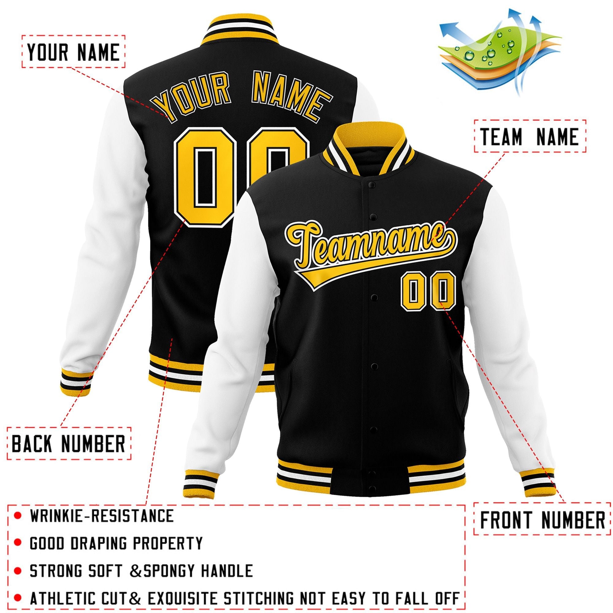 Custom Black Gold-Black Raglan Sleeves Varsity Full-Snap Letterman Jacket