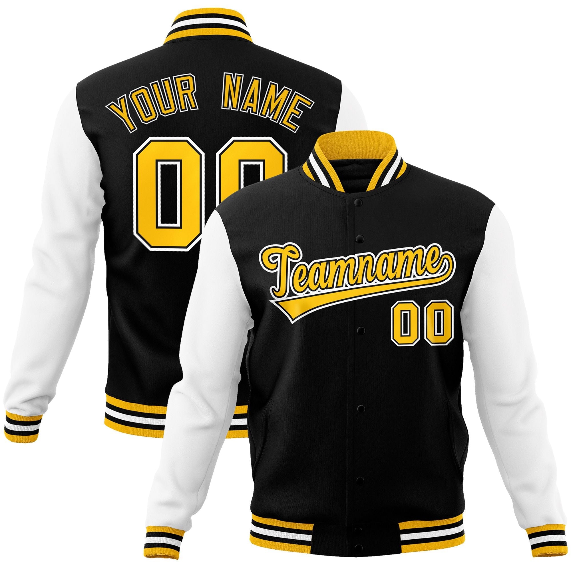 Custom Black Gold-Black Raglan Sleeves Varsity Full-Snap Letterman Jacket