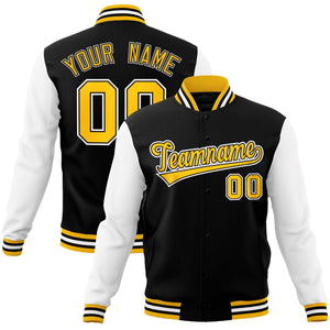 Custom Black Gold-Black Raglan Sleeves Varsity Full-Snap Letterman Jacket