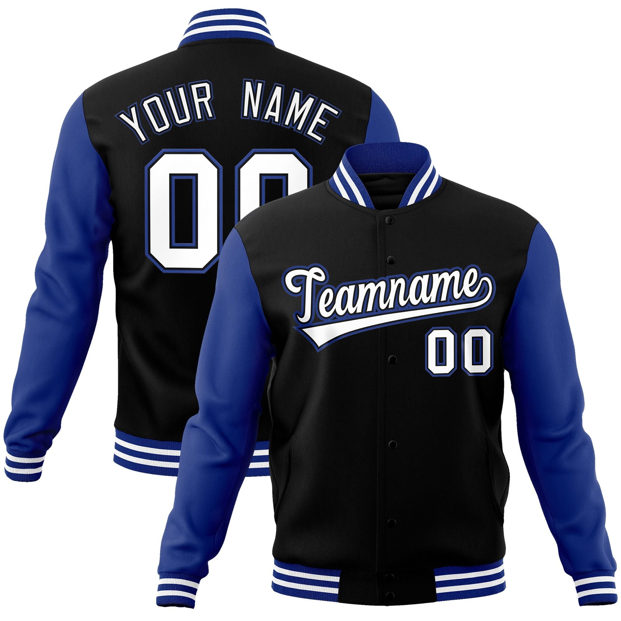 Custom Black White-Black Raglan Sleeves Varsity Full-Snap Letterman Jacket