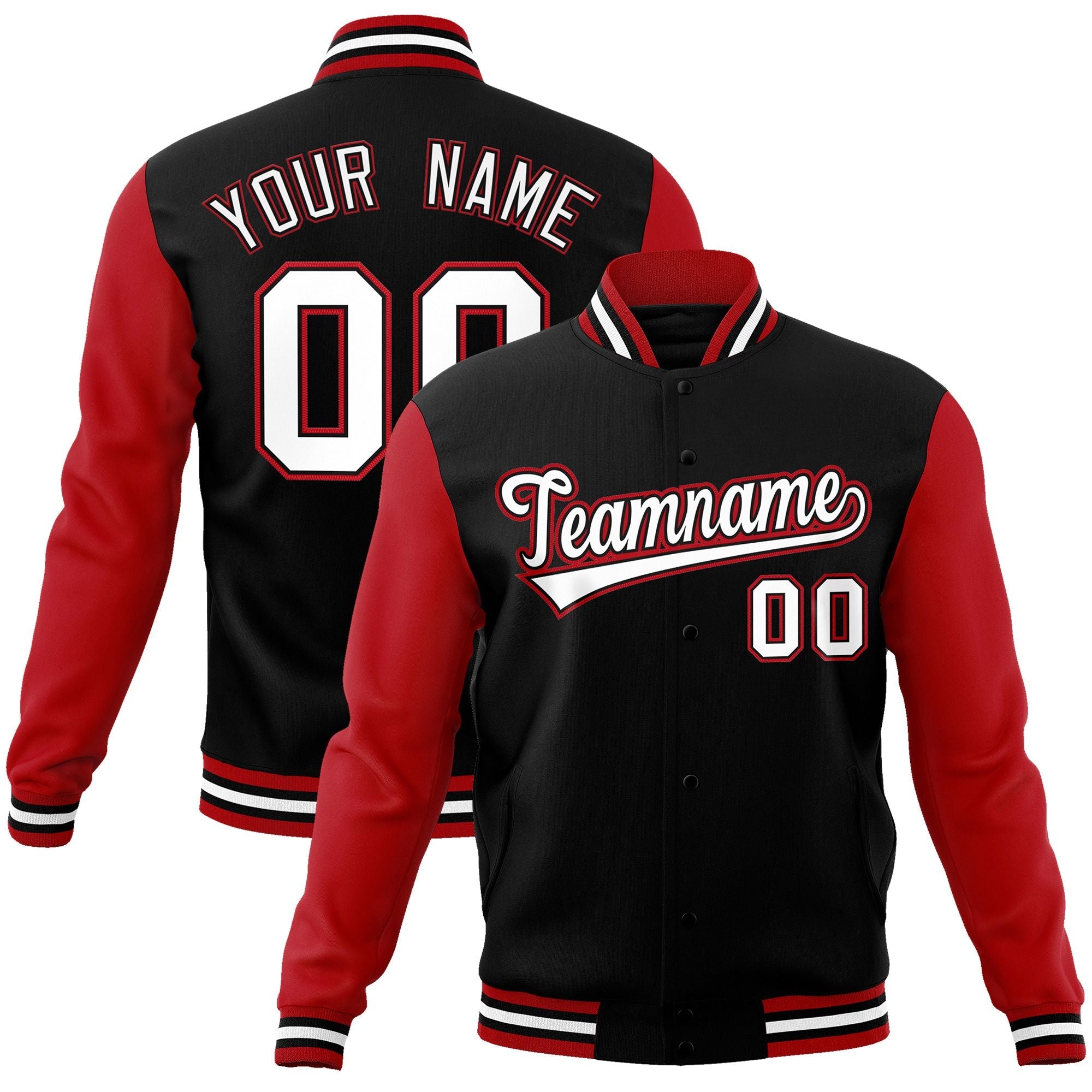 Custom Black White-Black Raglan Sleeves Varsity Full-Snap Letterman Jacket