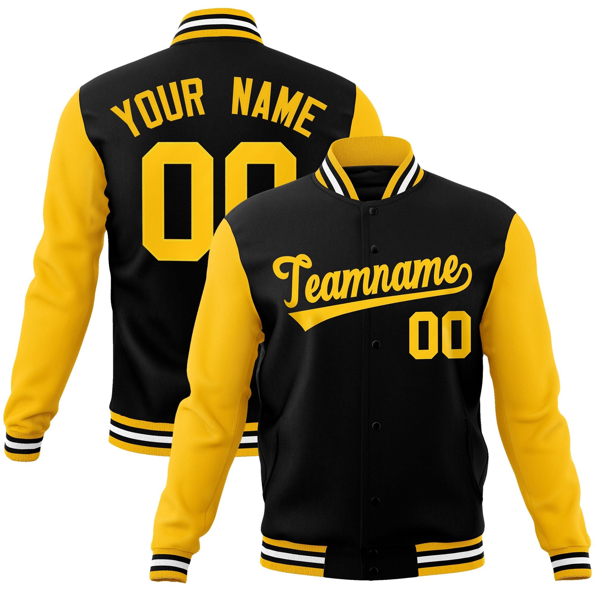 Custom Black Gold Raglan Sleeves Varsity Full-Snap Letterman Jacket