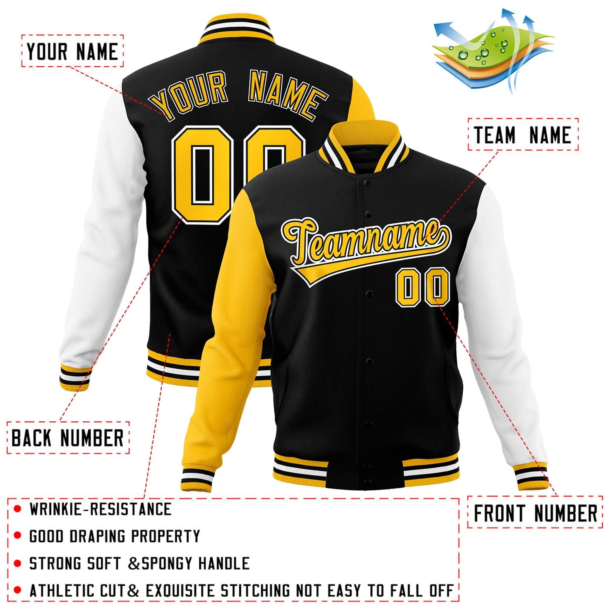 Custom Black Gold-Black Raglan Sleeves Varsity Full-Snap Letterman Jacket