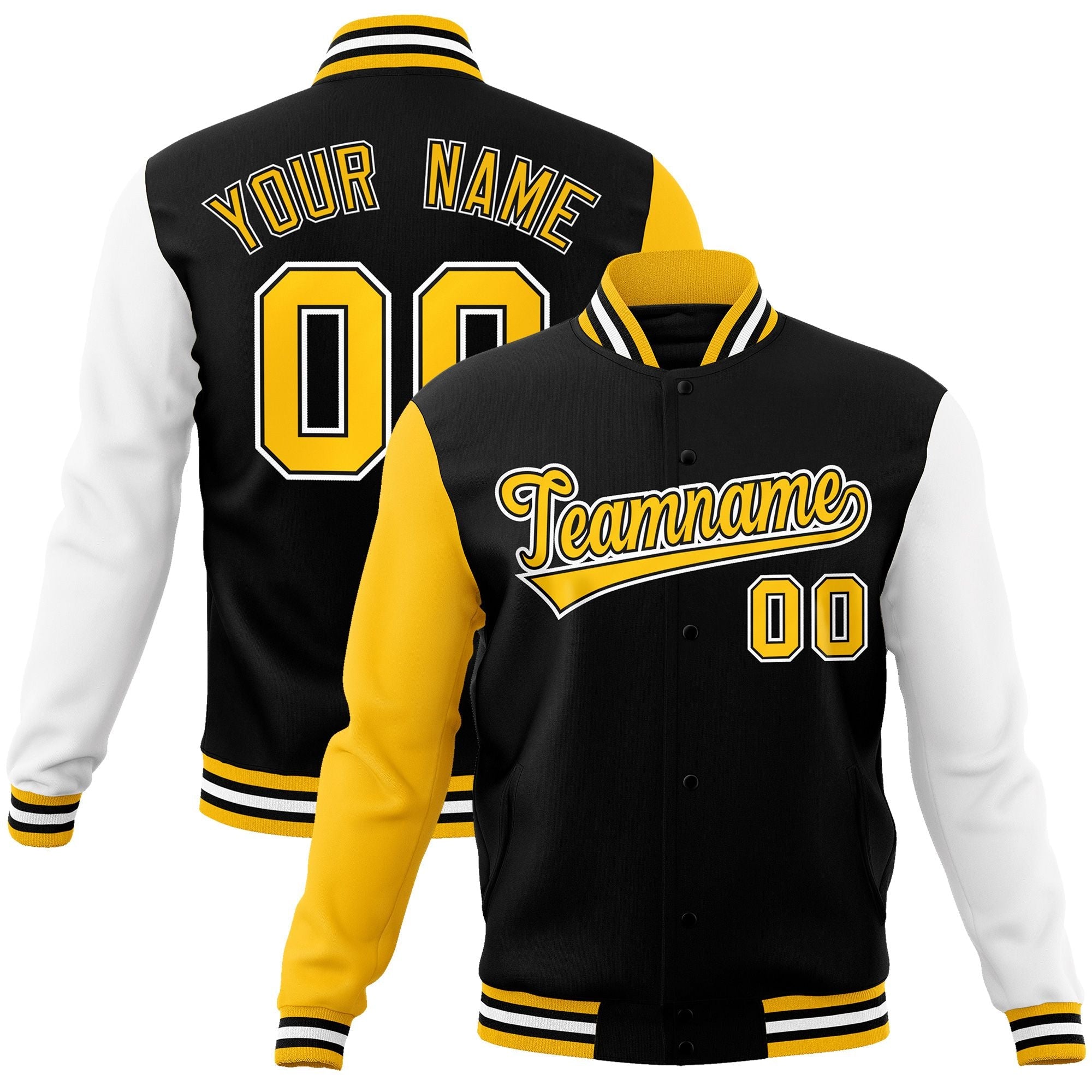 Custom Black Gold-Black Raglan Sleeves Varsity Full-Snap Letterman Jacket