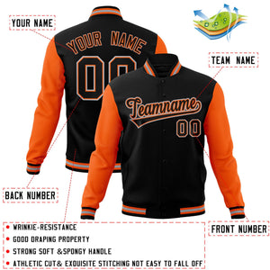 Veste Letterman Varsity Full-Snap à manches raglan noires et orange personnalisées