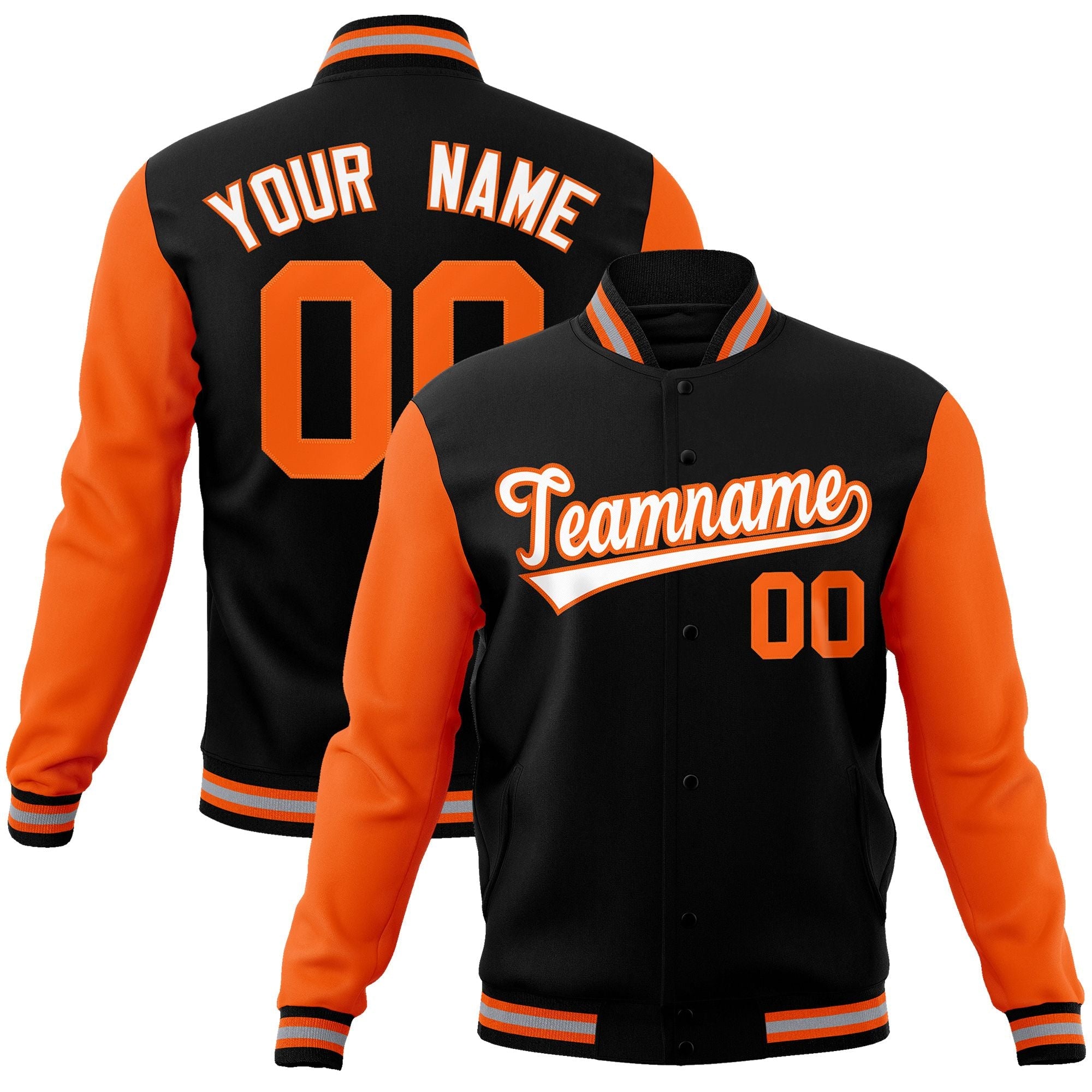 Custom Black White-Orange Raglan Sleeves Varsity Full-Snap Letterman Jacket