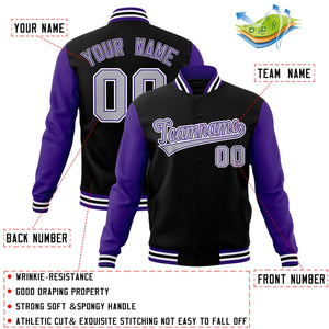 Veste Letterman Varsity Full-Snap personnalisée à manches raglan noir gris-violet