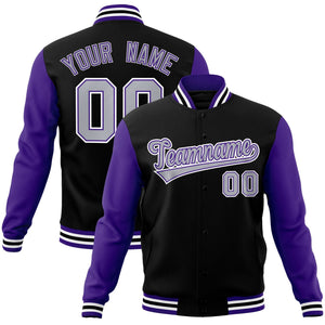 Custom Black Gray-Purple Raglan Sleeves Varsity Full-Snap Letterman Jacket