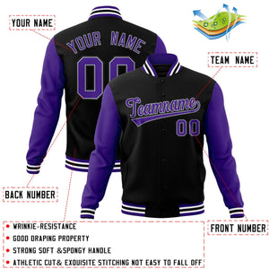 Veste Letterman Varsity Full-Snap à manches raglan personnalisées noir violet-blanc