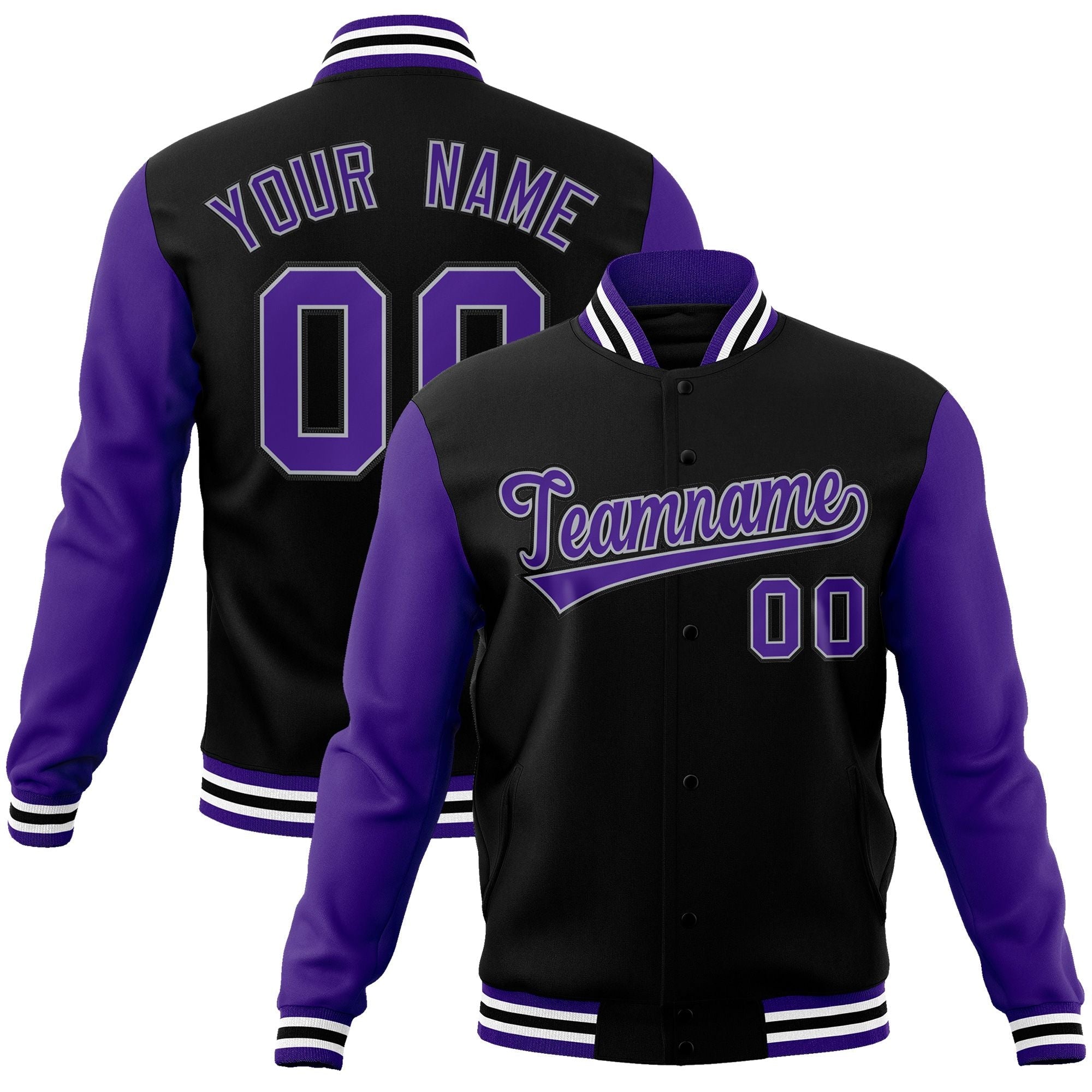 Custom Black Purple-White Raglan Sleeves Varsity Full-Snap Letterman Jacket