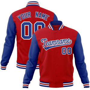 Custom Red Royal-White Raglan Sleeves Varsity Full-Snap Letterman Jacket