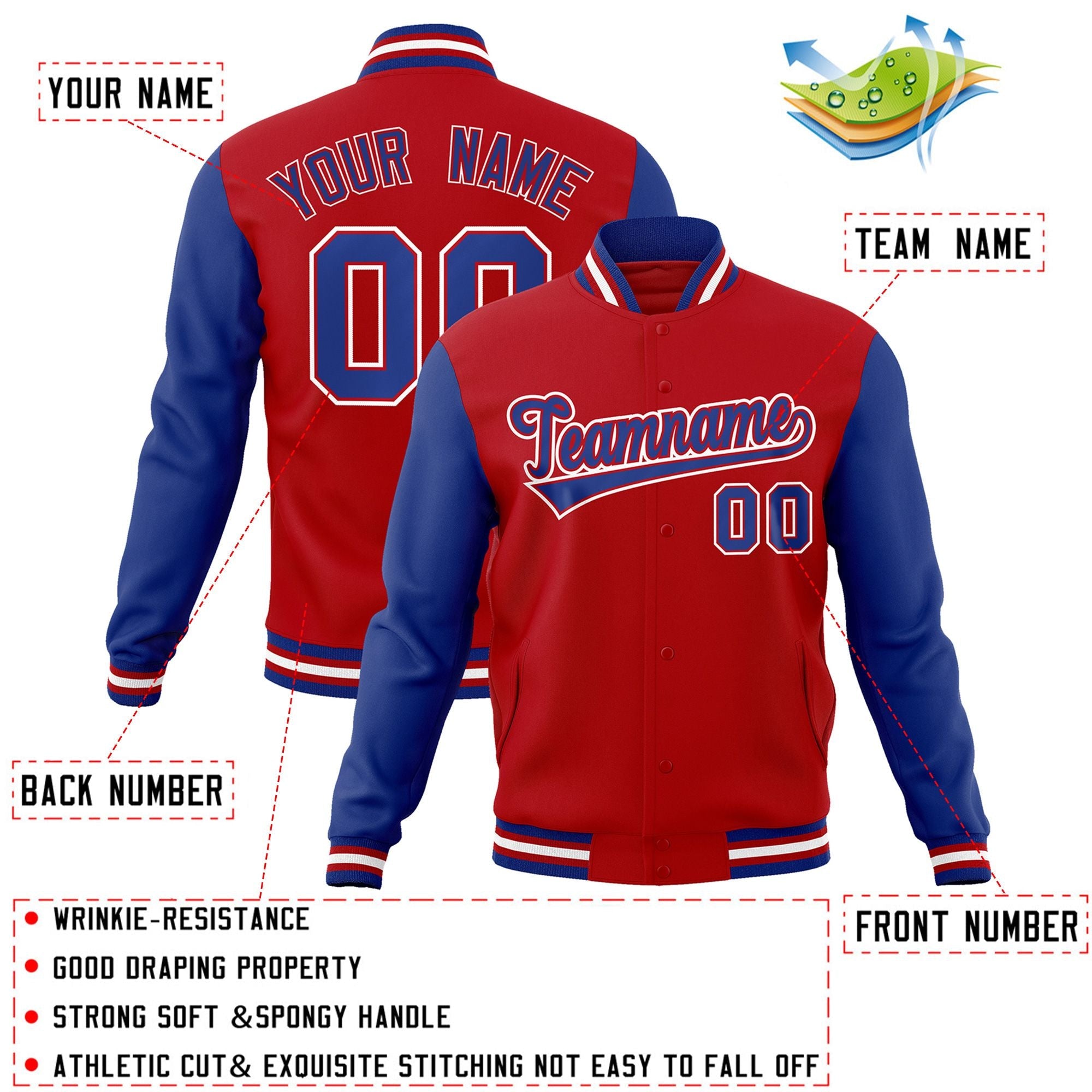 Veste Letterman Varsity Full-Snap à manches raglan rouge royal-rouge personnalisée