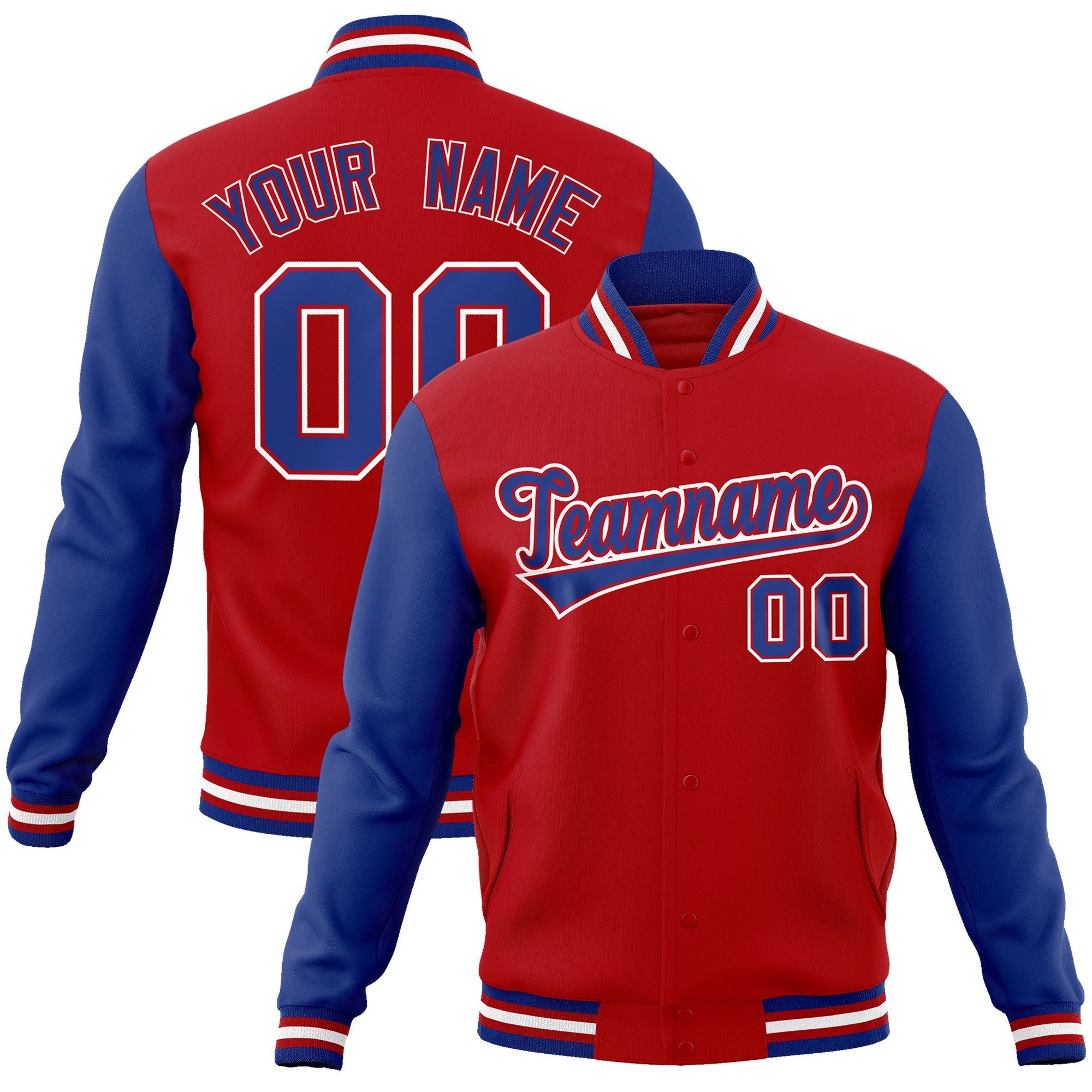 Custom Red Royal-Red Raglan Sleeves Varsity Full-Snap Letterman Jacket