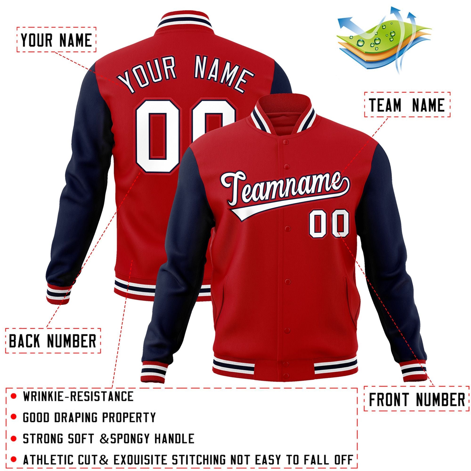 Custom Red White-Navy Raglan Sleeves Varsity Full-Snap Letterman Jacket