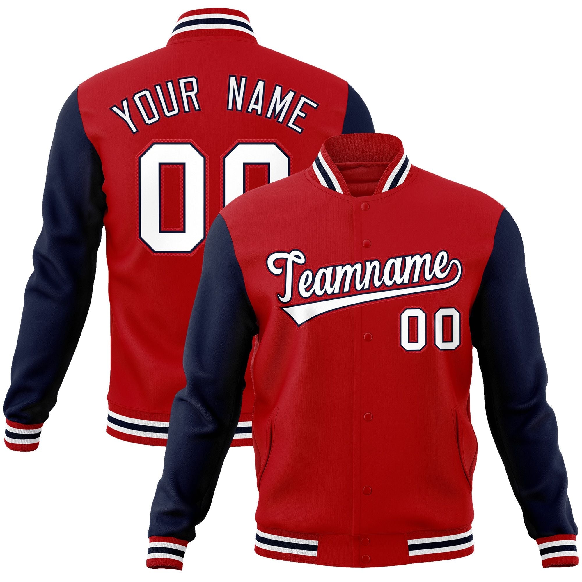 Custom Red White-Navy Raglan Sleeves Varsity Full-Snap Letterman Jacket