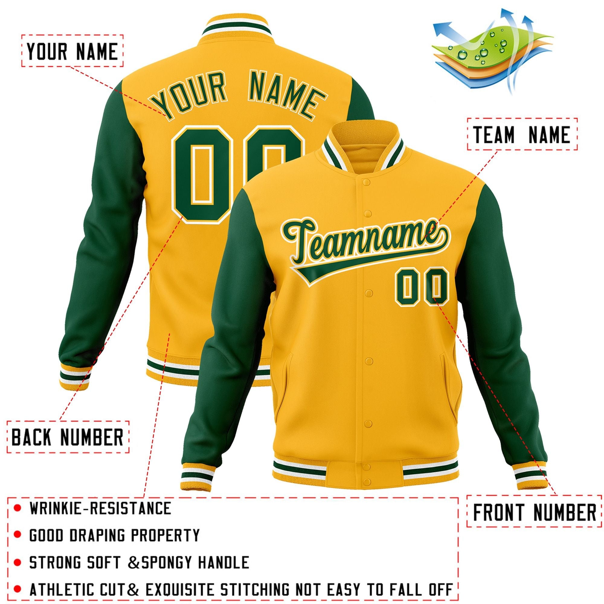 Veste Letterman Varsity Full-Snap à manches raglan personnalisées or vert-or