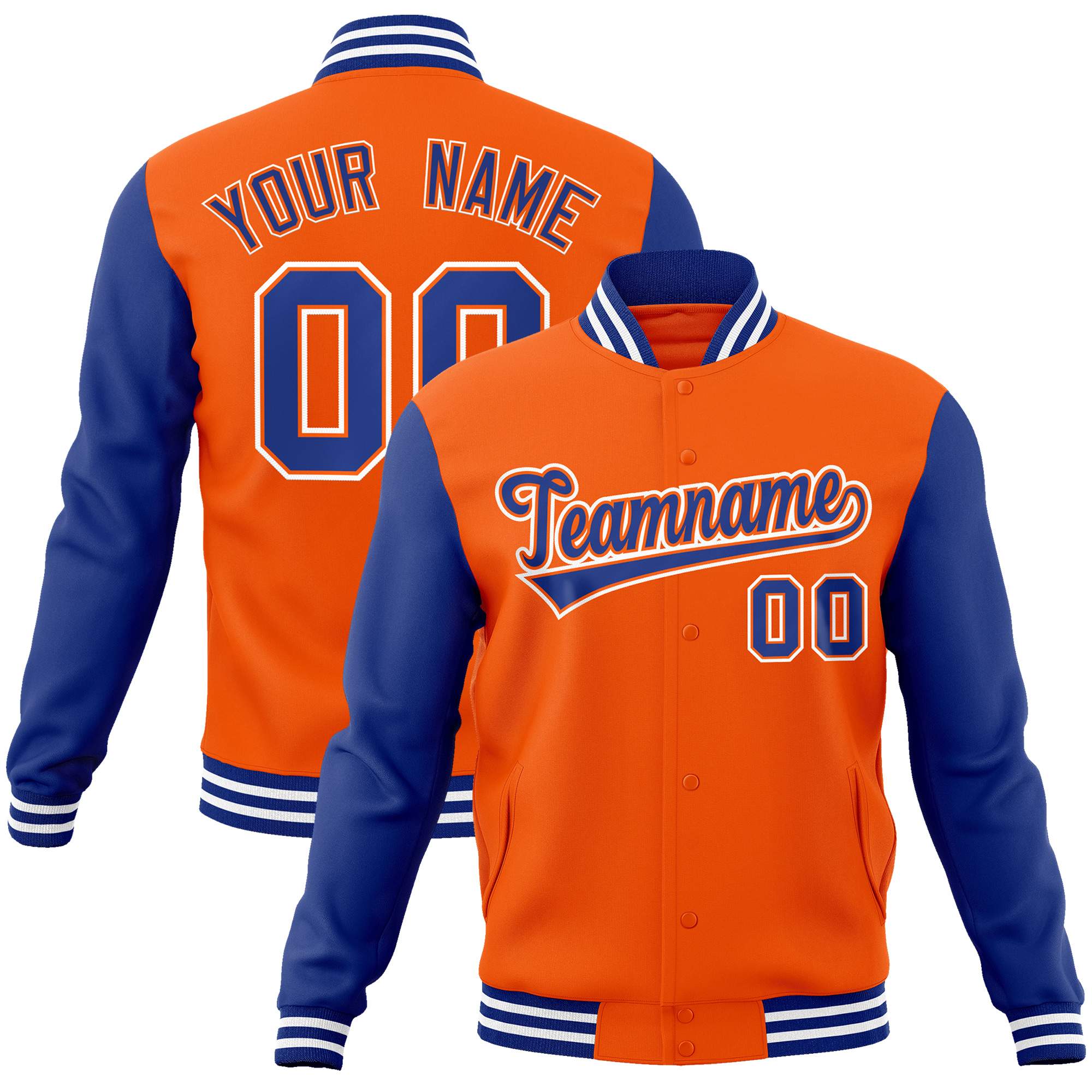 Custom Orange Royal-Orange Raglan Sleeves Varsity Full-Snap Letterman Jacket