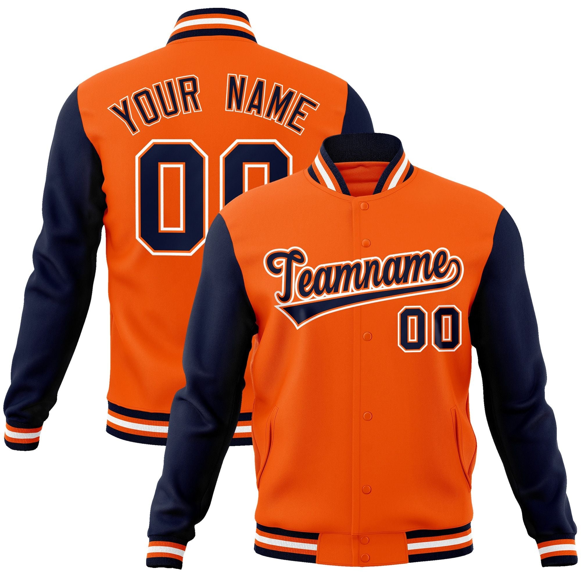 Custom Orange Navy-Orange Raglan Sleeves Varsity Full-Snap Letterman Jacket