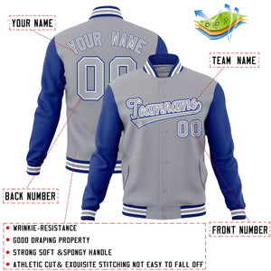 Veste Letterman Varsity Full-Snap à manches raglan gris-blanc personnalisée