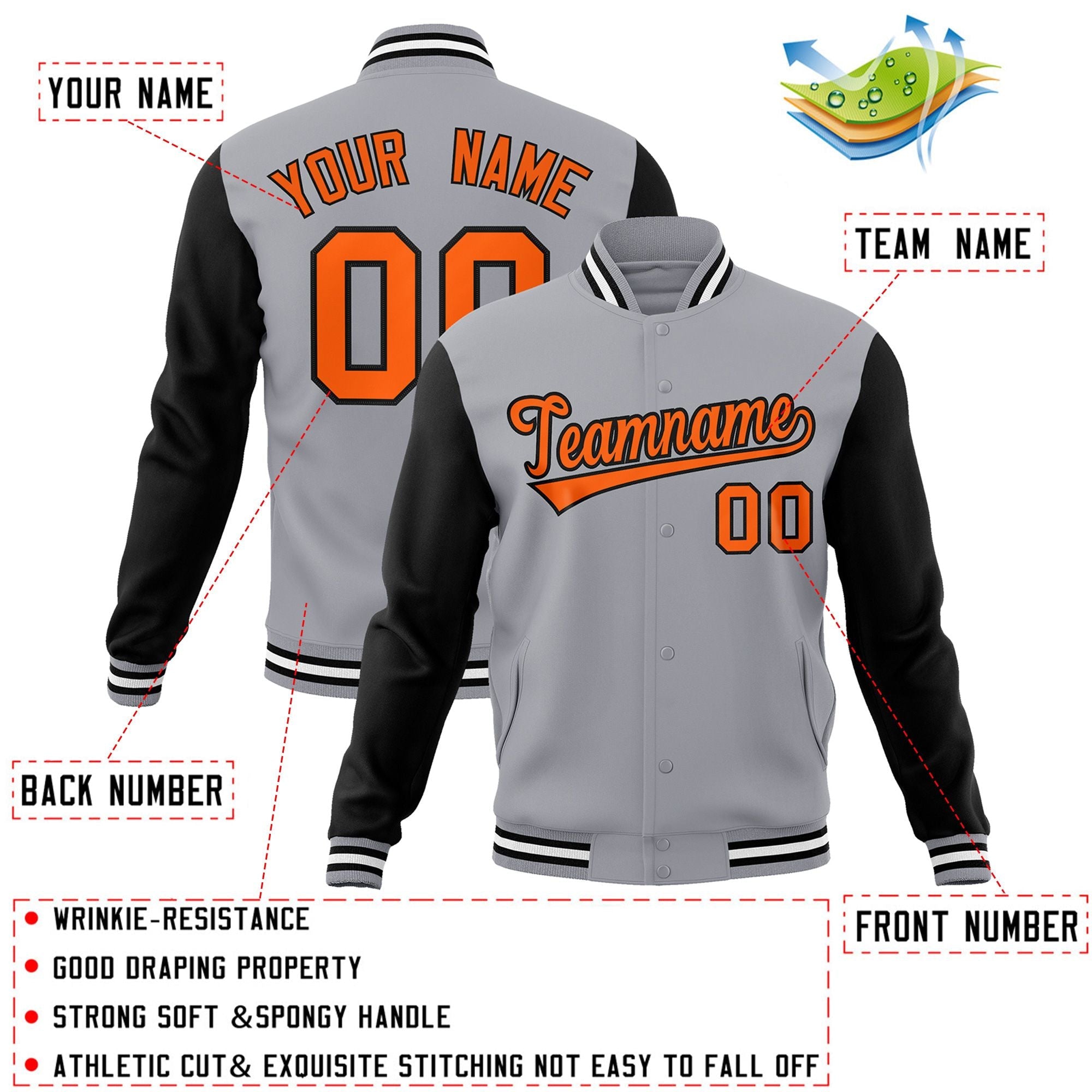 Veste Letterman Varsity Full-Snap à manches raglan gris orange-noir personnalisée