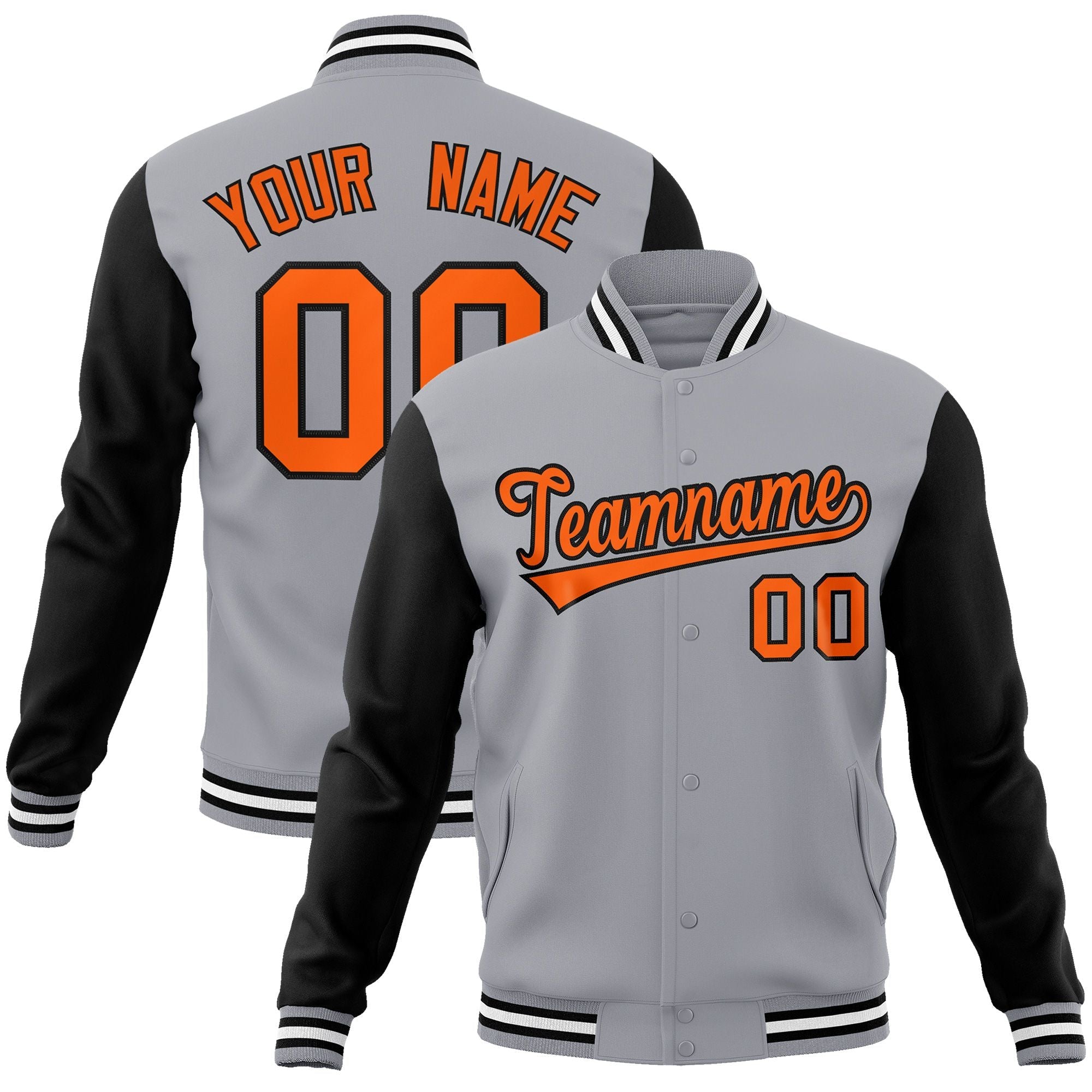 Custom Gray Orange-Black Raglan Sleeves Varsity Full-Snap Letterman Jacket