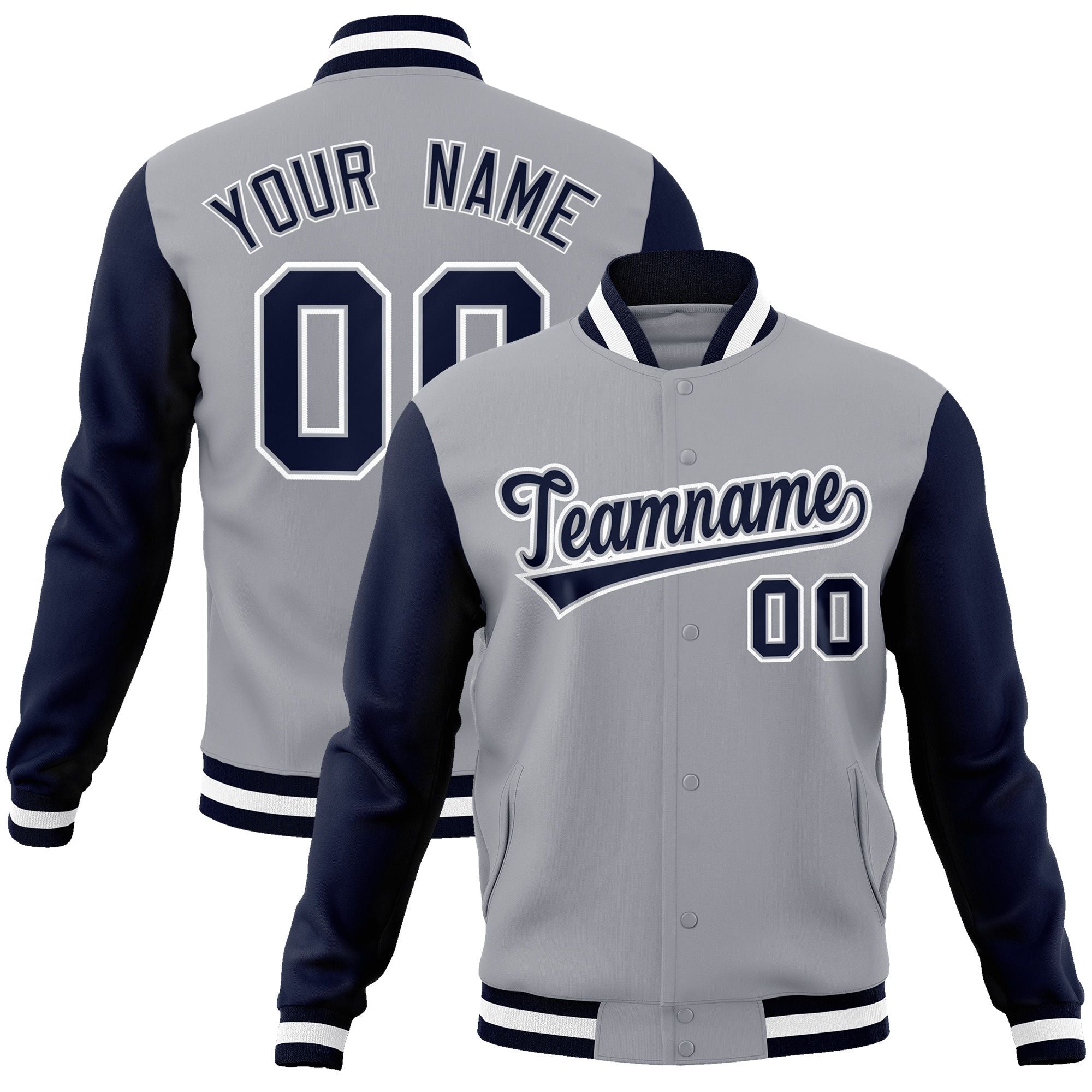 Custom Gray Navy-White Raglan Sleeves Varsity Full-Snap Letterman Jacket