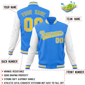 Custom Powder Blue Gold-Powder Blue Raglan Sleeves Varsity Full-Snap Letterman Jacket