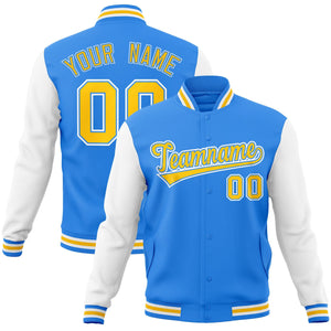 Custom Powder Blue Gold-Powder Blue Raglan Sleeves Varsity Full-Snap Letterman Jacket