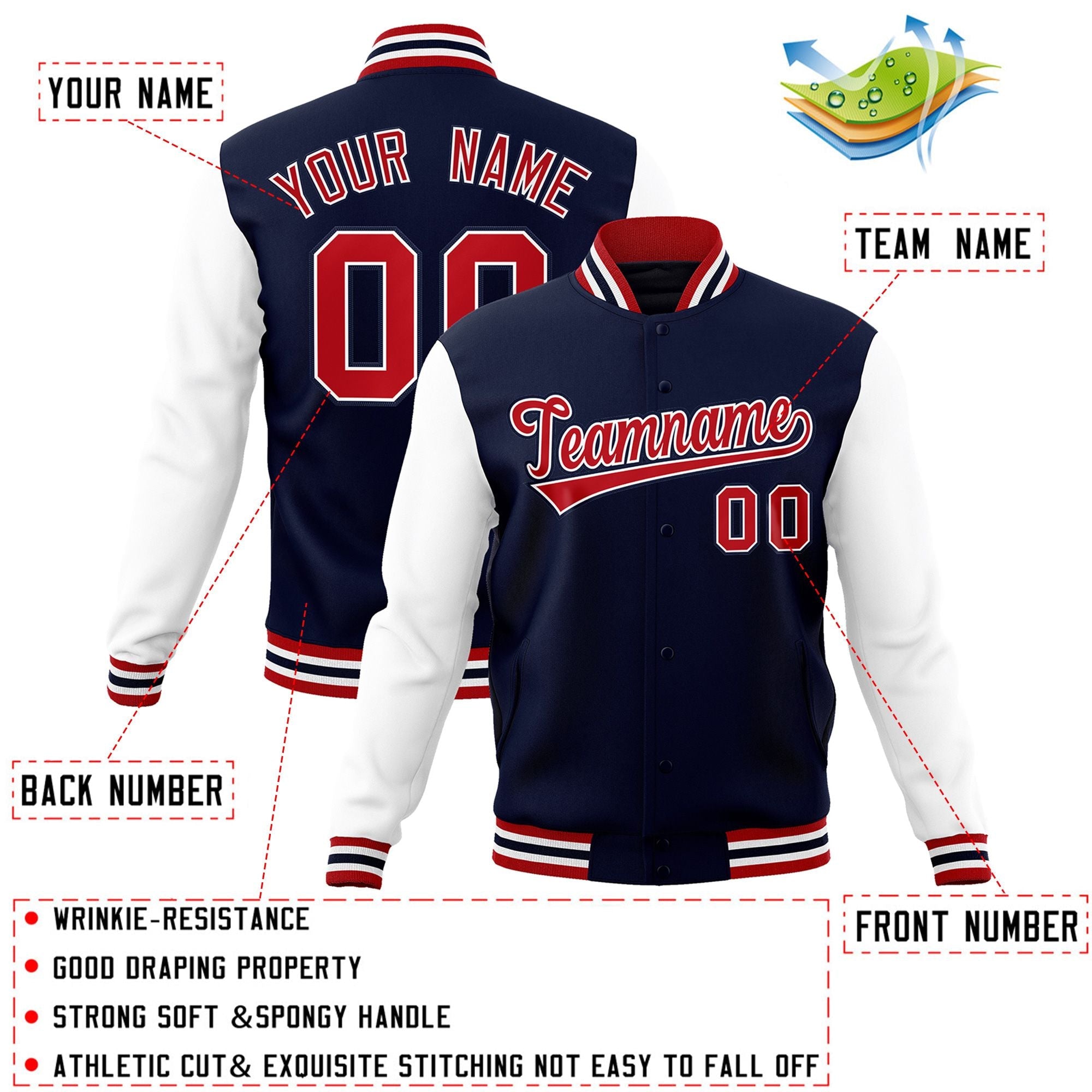 Custom Navy Red-White Raglan Sleeves Varsity Full-Snap Letterman Jacket