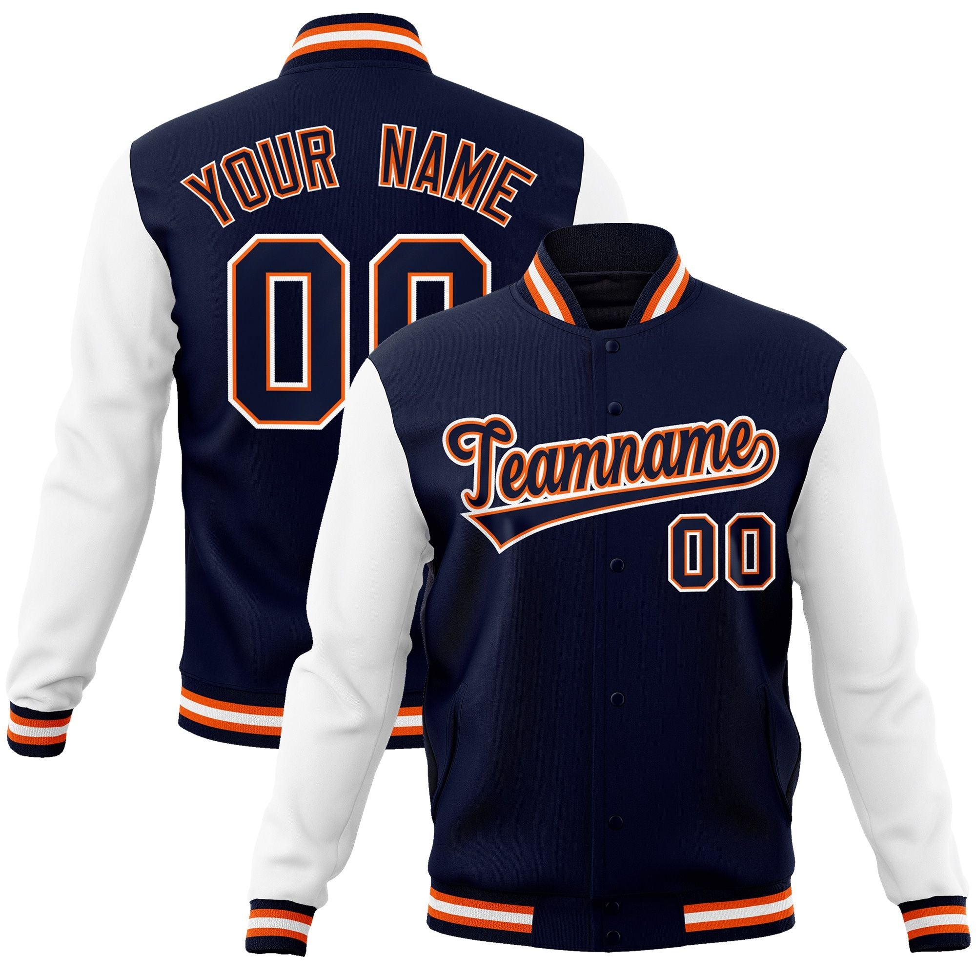 Custom Navy Navy-Orange Raglan Sleeves Varsity Full-Snap Letterman Jacket