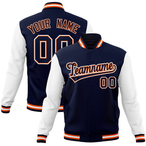 Custom Navy Navy-Orange Raglan Sleeves Varsity Full-Snap Letterman Jacket