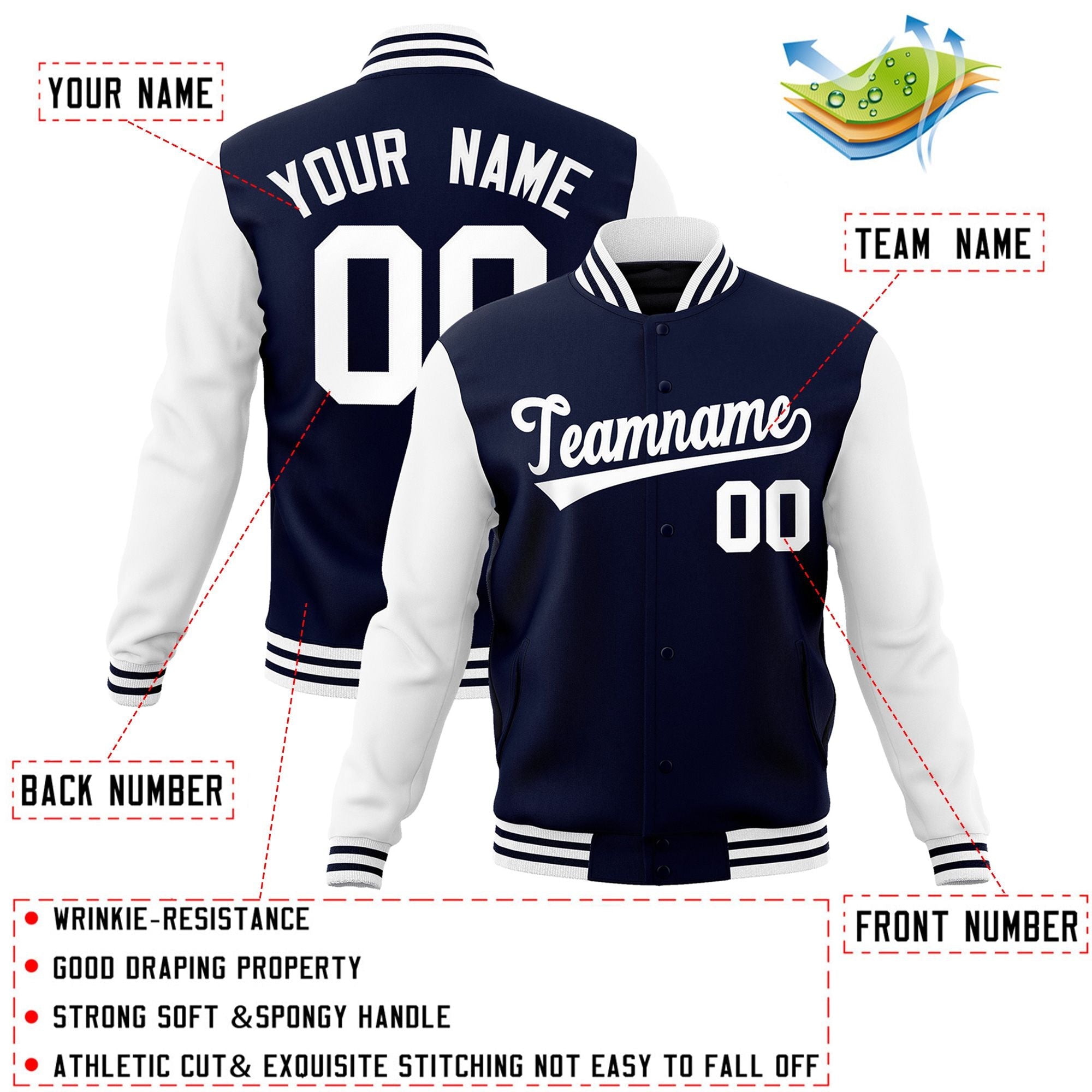 Custom Navy White  Raglan Sleeves Varsity Full-Snap Letterman Jacket