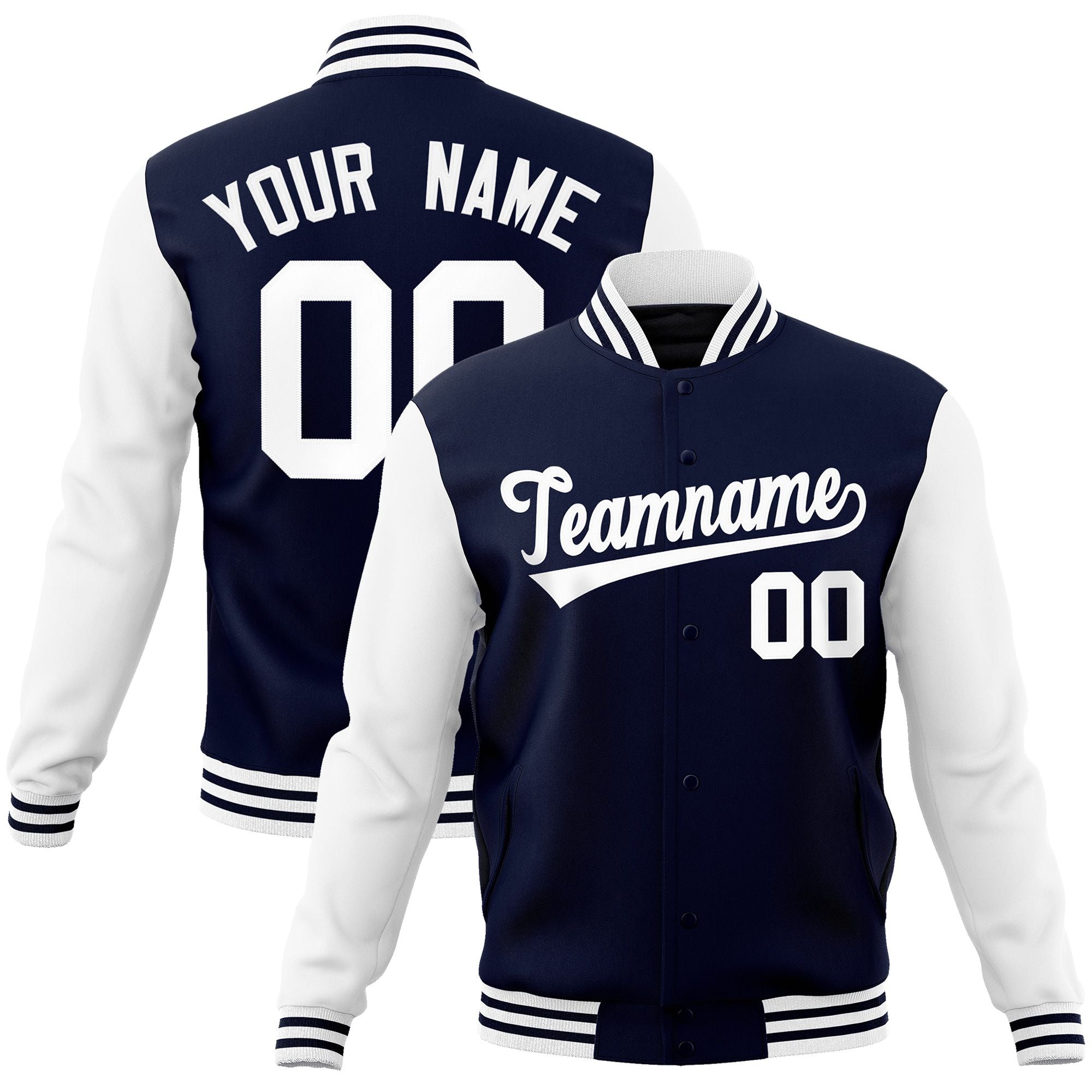 Custom Navy White  Raglan Sleeves Varsity Full-Snap Letterman Jacket