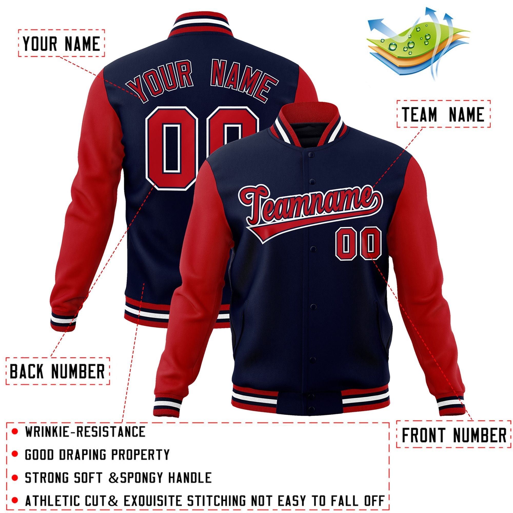 Custom Navy Red-Navy Raglan Sleeves Varsity Full-Snap Letterman Jacket