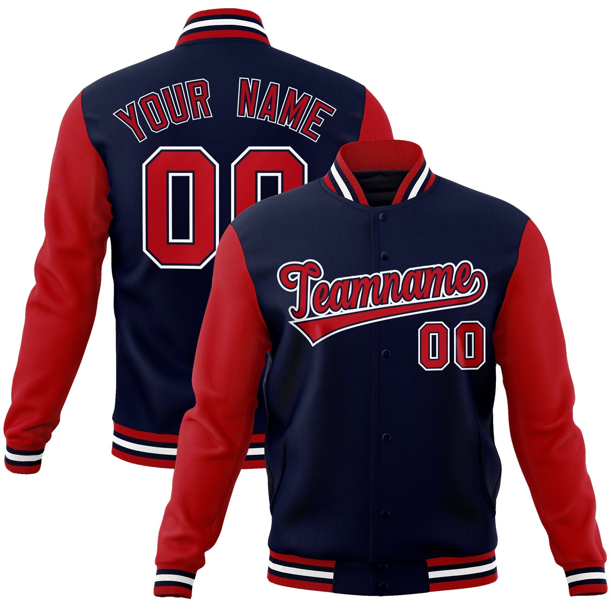 Custom Navy Red-Navy Raglan Sleeves Varsity Full-Snap Letterman Jacket