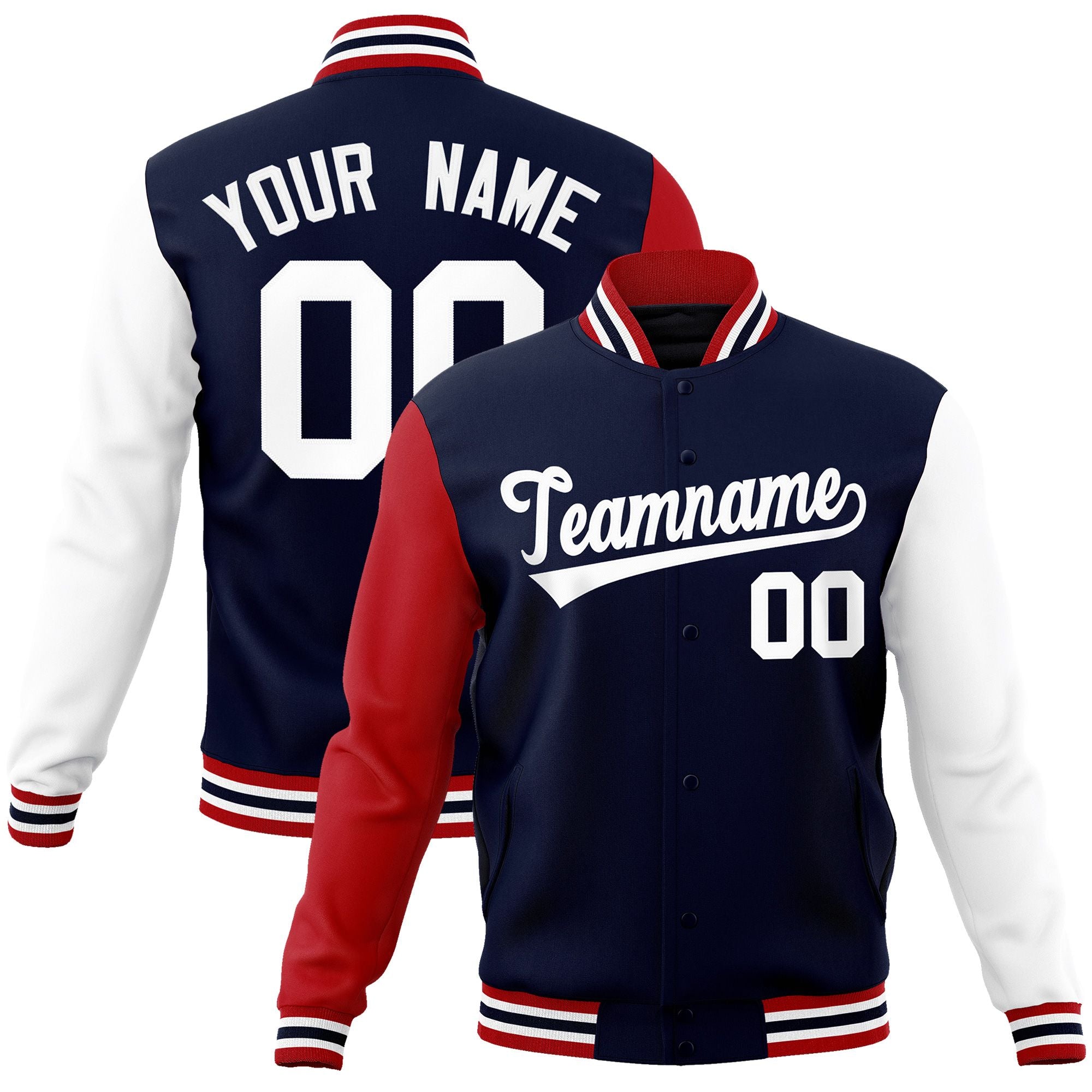 Custom Navy White Raglan Sleeves Varsity Full-Snap Letterman Jacket