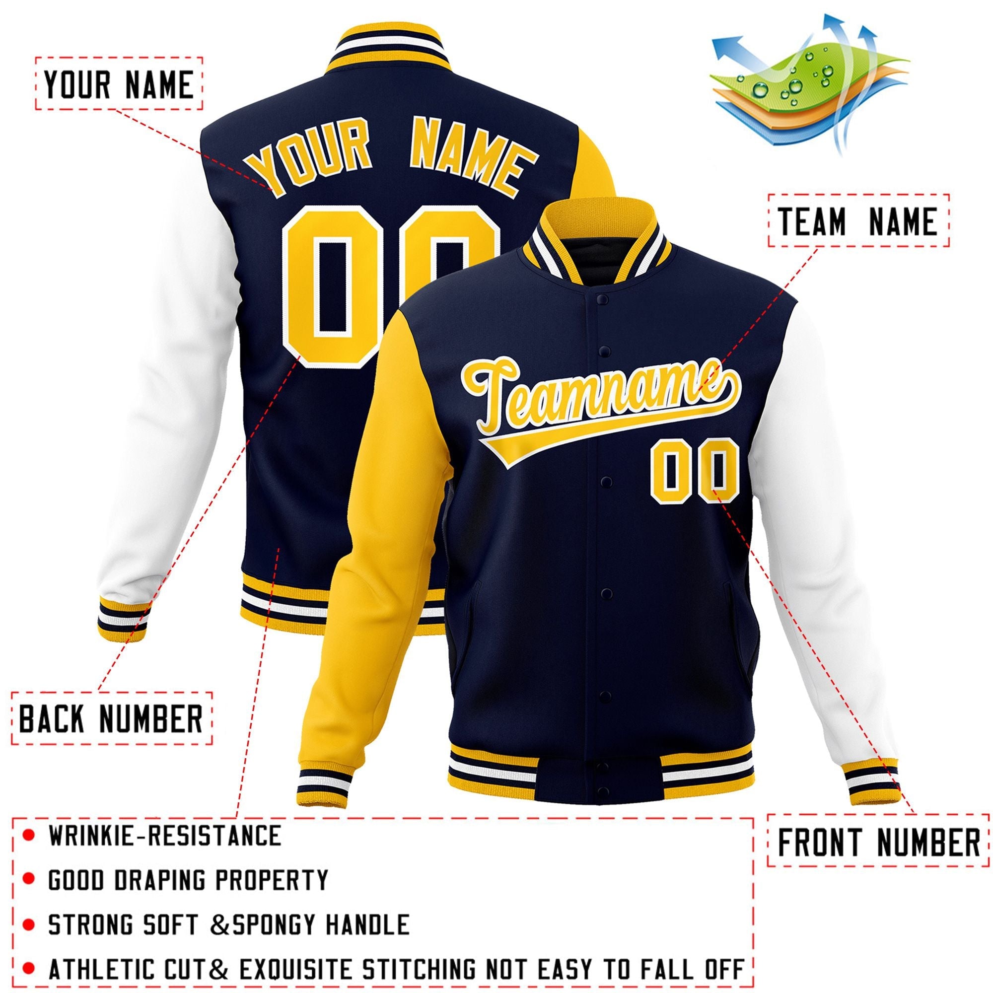 Custom Navy Gold-White Raglan Sleeves Varsity Full-Snap Letterman Jacket