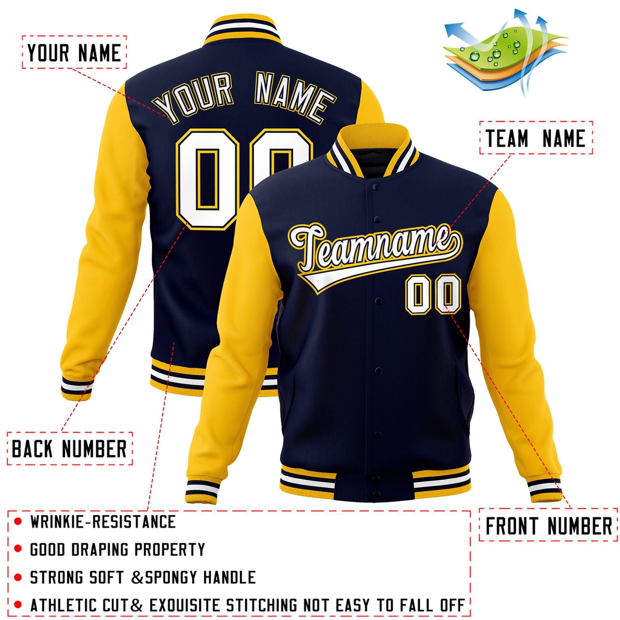 Custom Navy White-Navy Raglan Sleeves Varsity Full-Snap Letterman Jacket