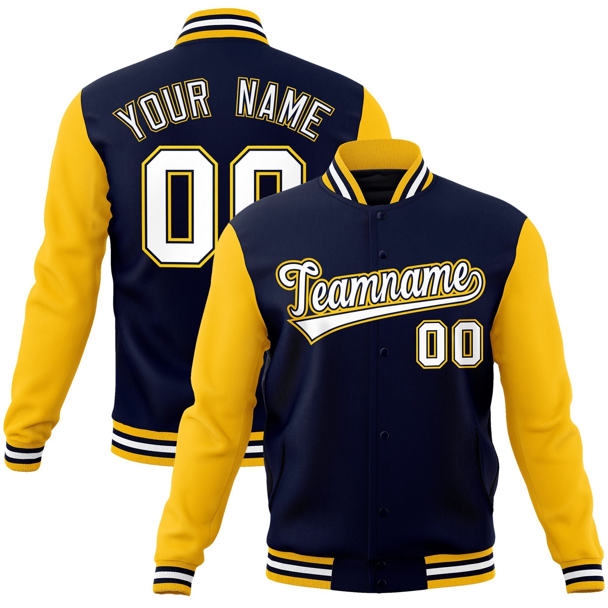 Custom Navy White-Navy Raglan Sleeves Varsity Full-Snap Letterman Jacket