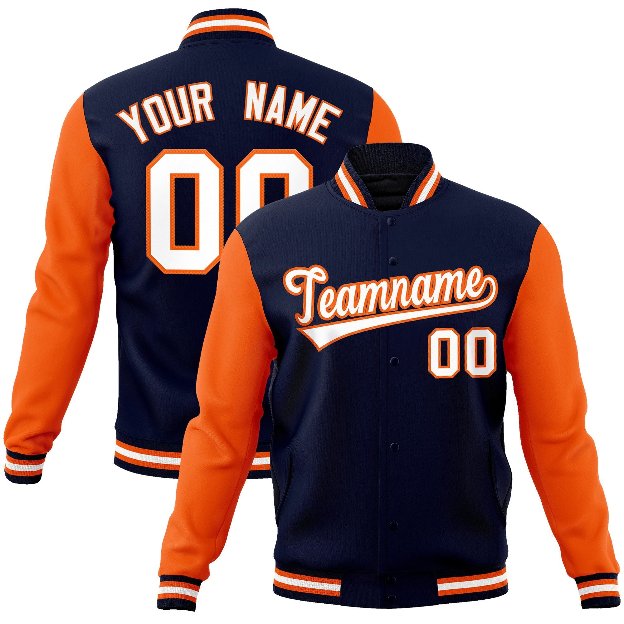 Custom Navy White-Orange Raglan Sleeves Varsity Full-Snap Letterman Jacket