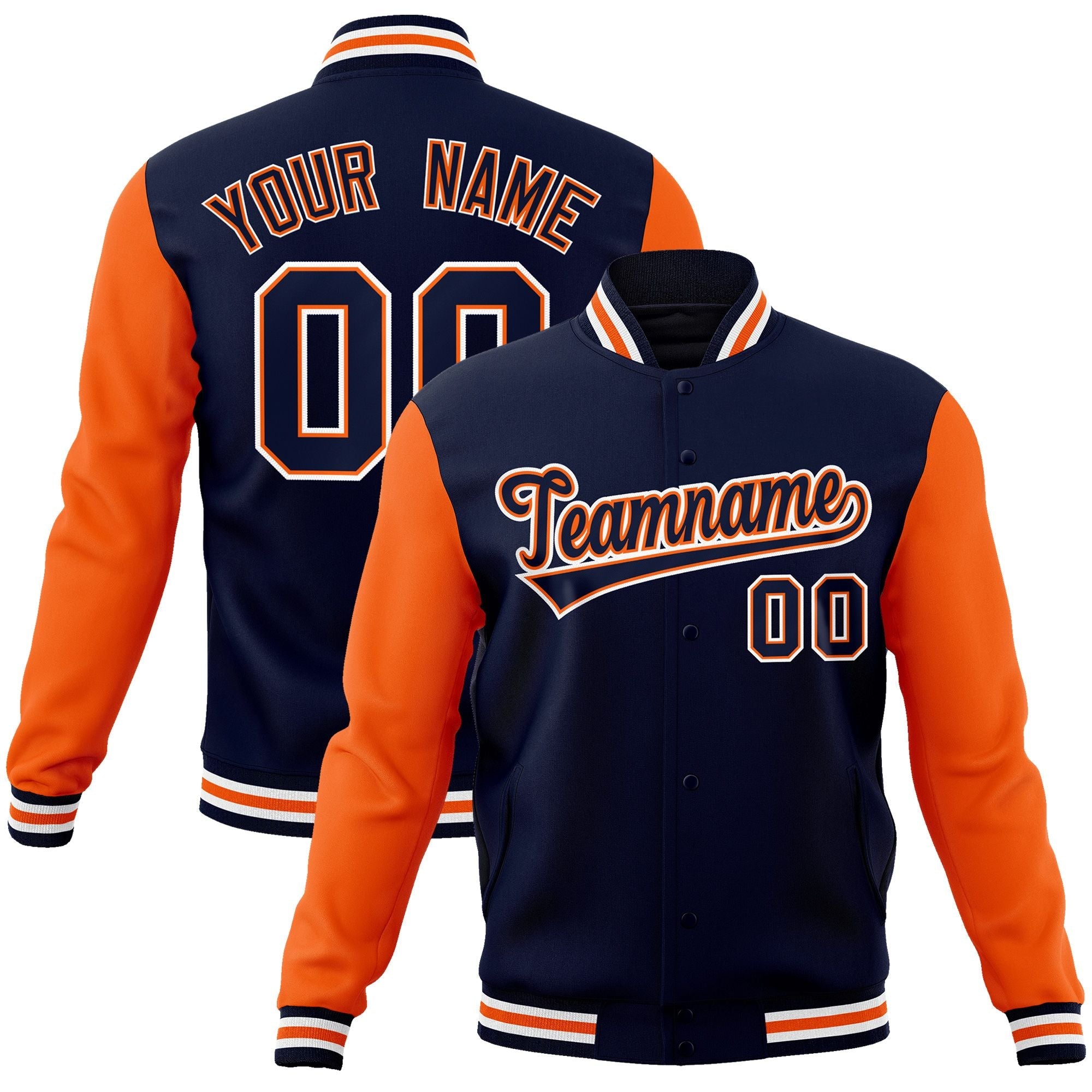 Custom Navy Navy-Orange Raglan Sleeves Varsity Full-Snap Letterman Jacket