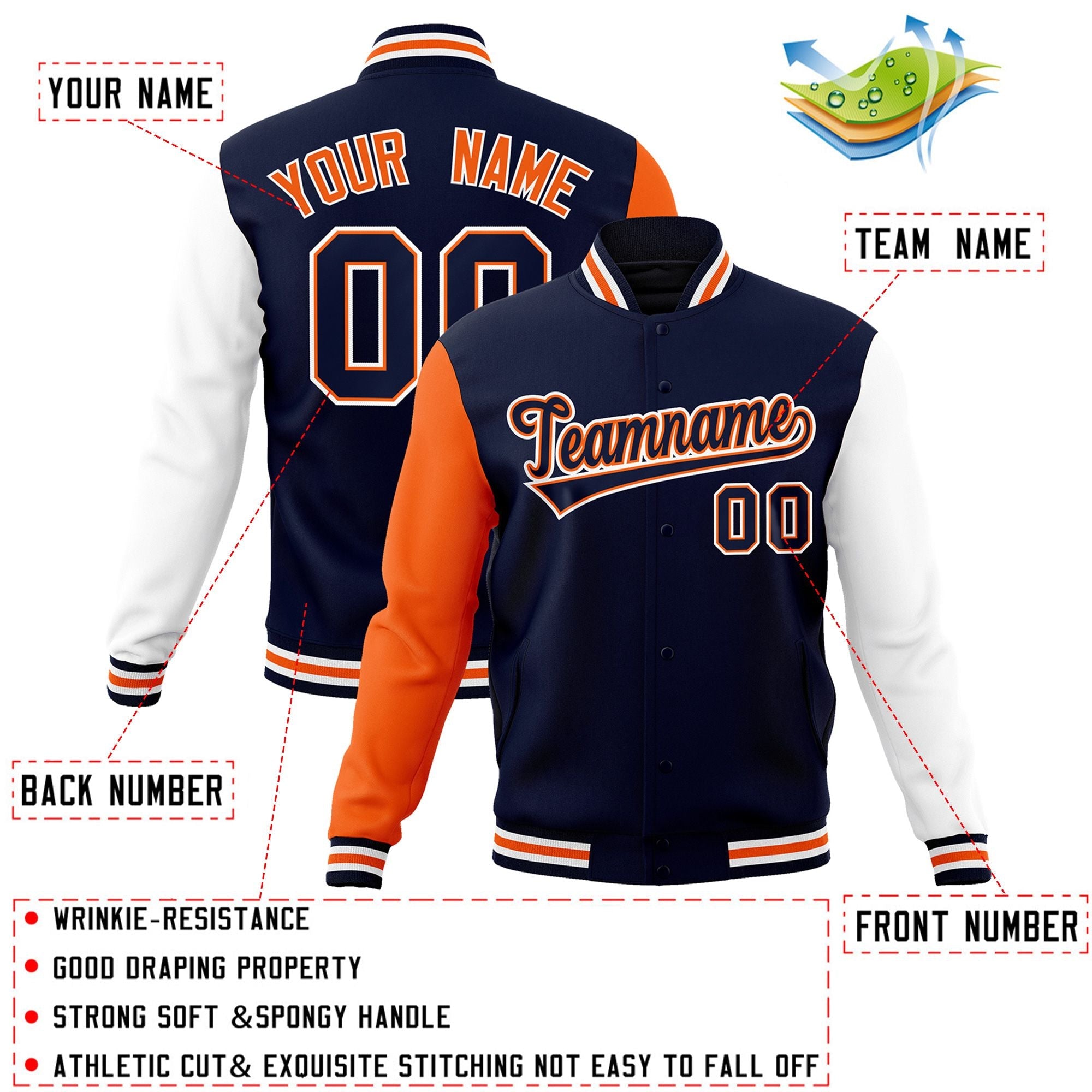 Custom Navy Navy-Orange Raglan Sleeves Varsity Full-Snap Letterman Jacket