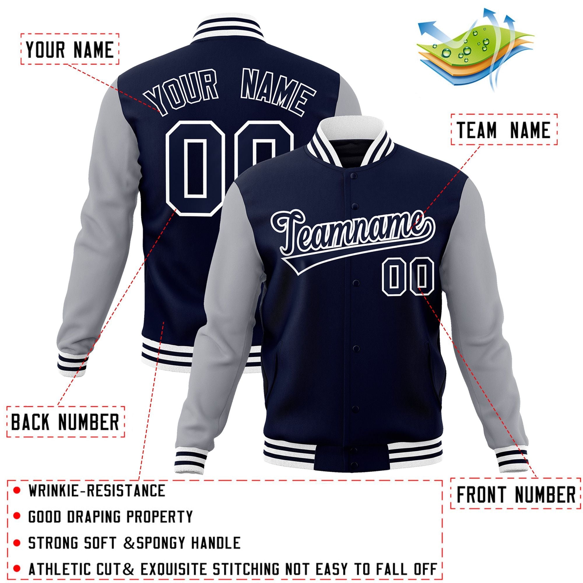 Custom Navy Navy-White Raglan Sleeves Varsity Full-Snap Letterman Jacket