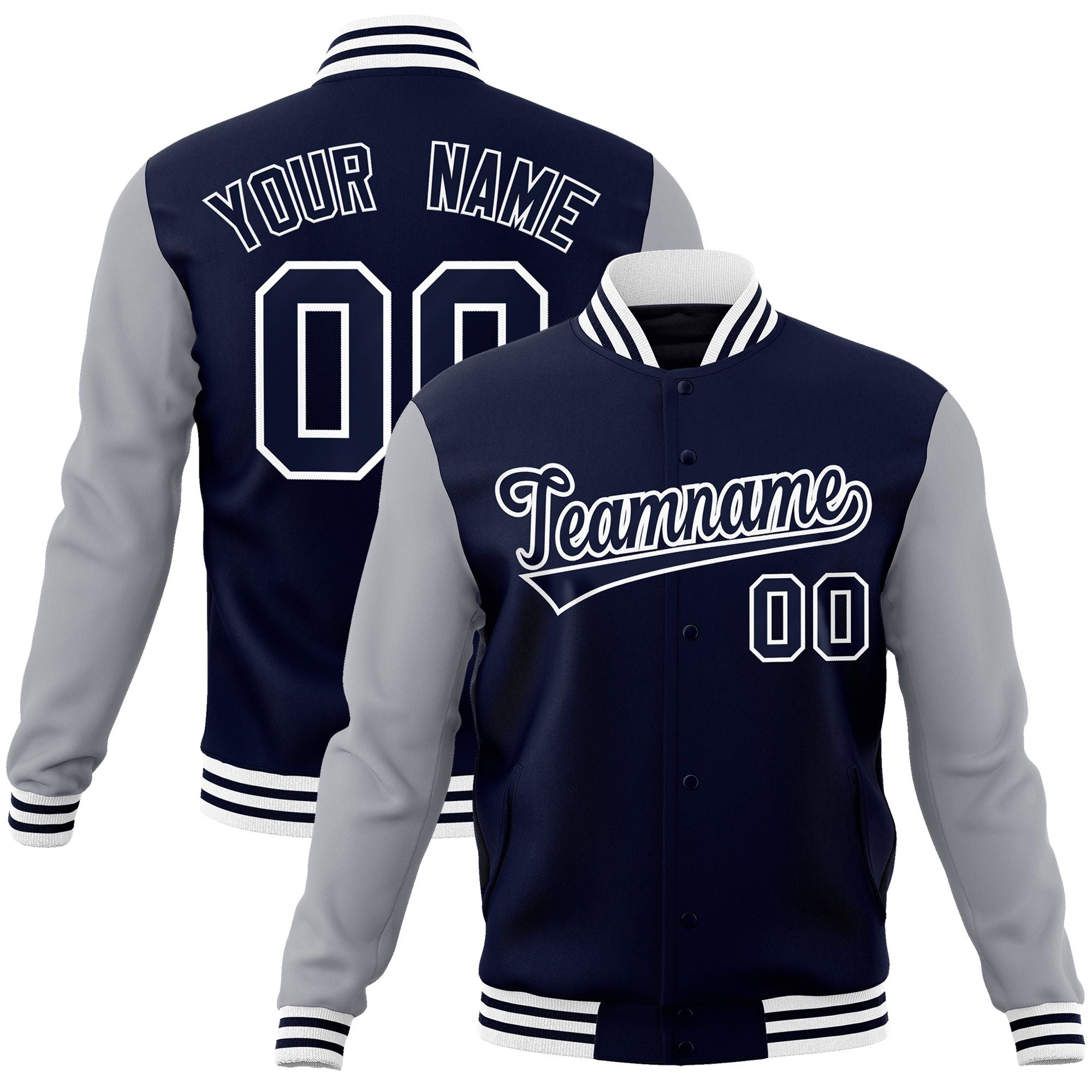 Custom Navy Navy-White Raglan Sleeves Varsity Full-Snap Letterman Jacket