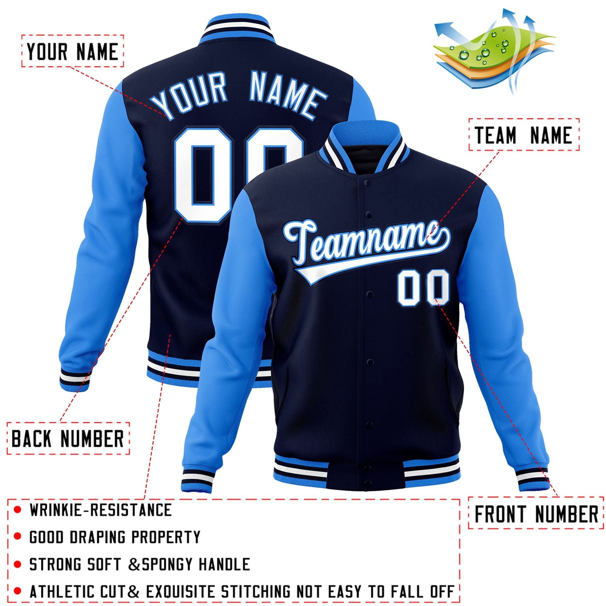 Custom Navy White-Powder Blue Raglan Sleeves Varsity Full-Snap Letterman Jacket