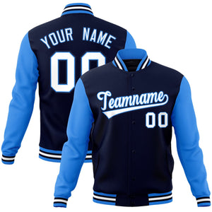 Custom Navy White-Powder Blue Raglan Sleeves Varsity Full-Snap Letterman Jacket