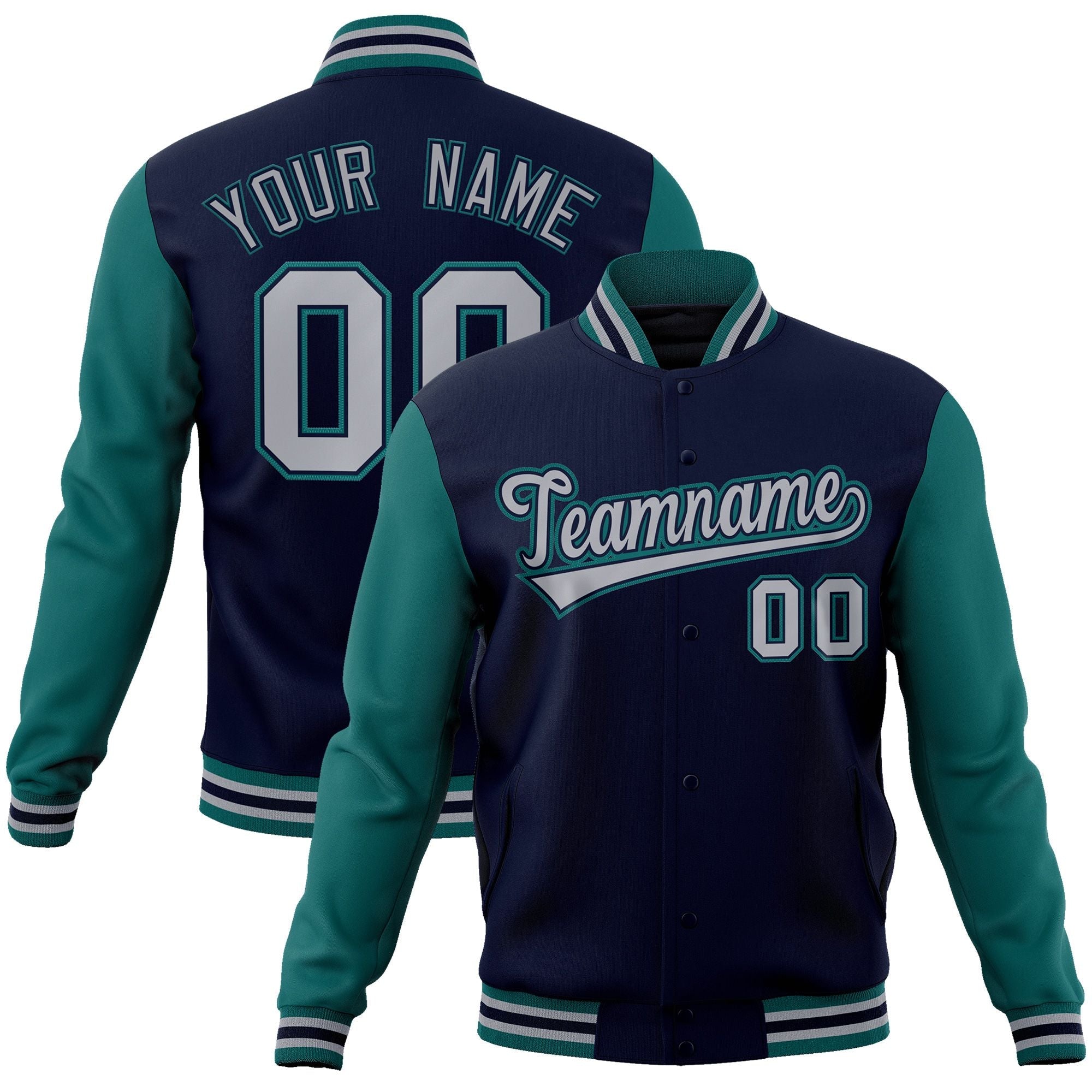 Custom Navy Gray-Navy Raglan Sleeves Varsity Full-Snap Letterman Jacket