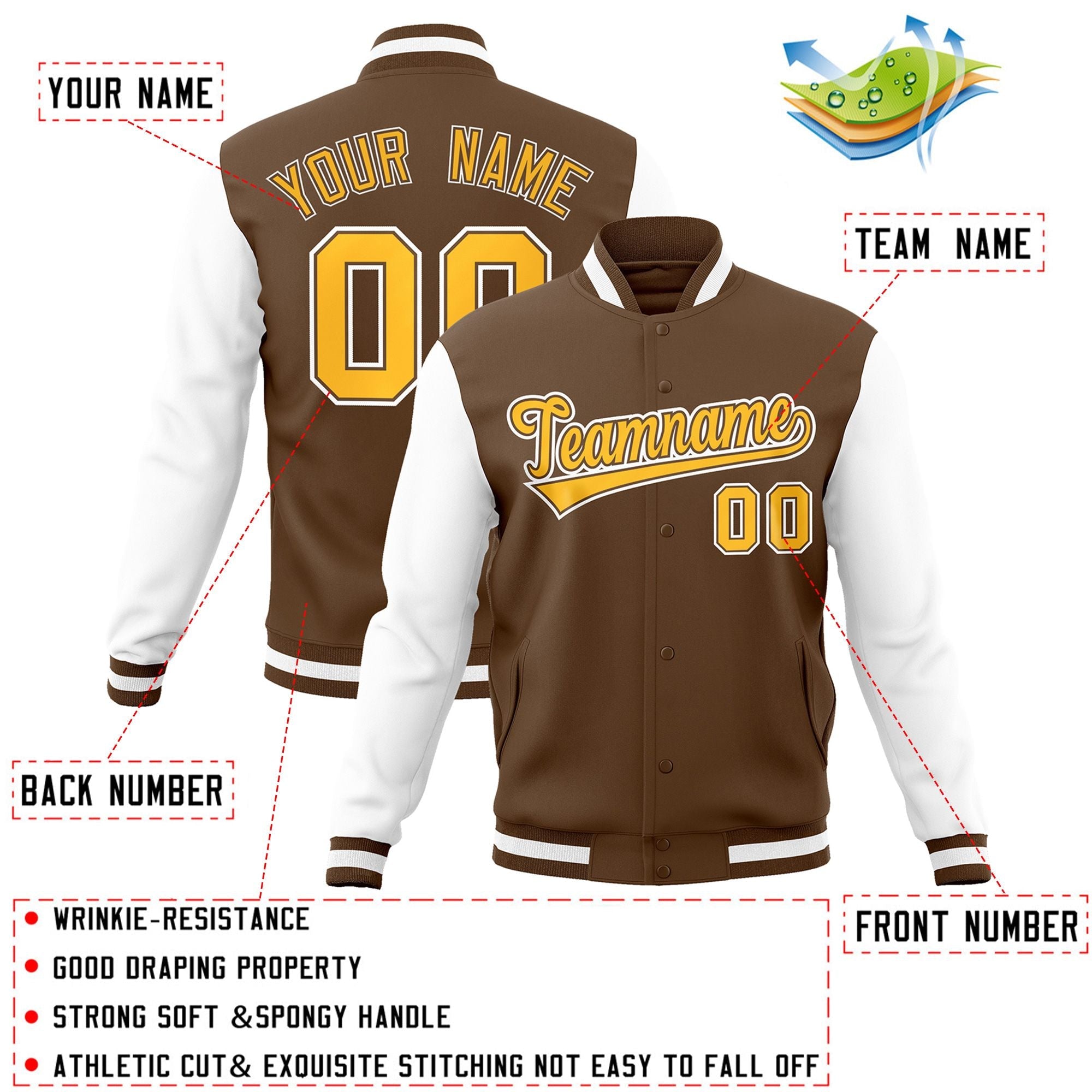 Custom Light Brown Gold-White Raglan Sleeves Varsity Full-Snap Letterman Jacket